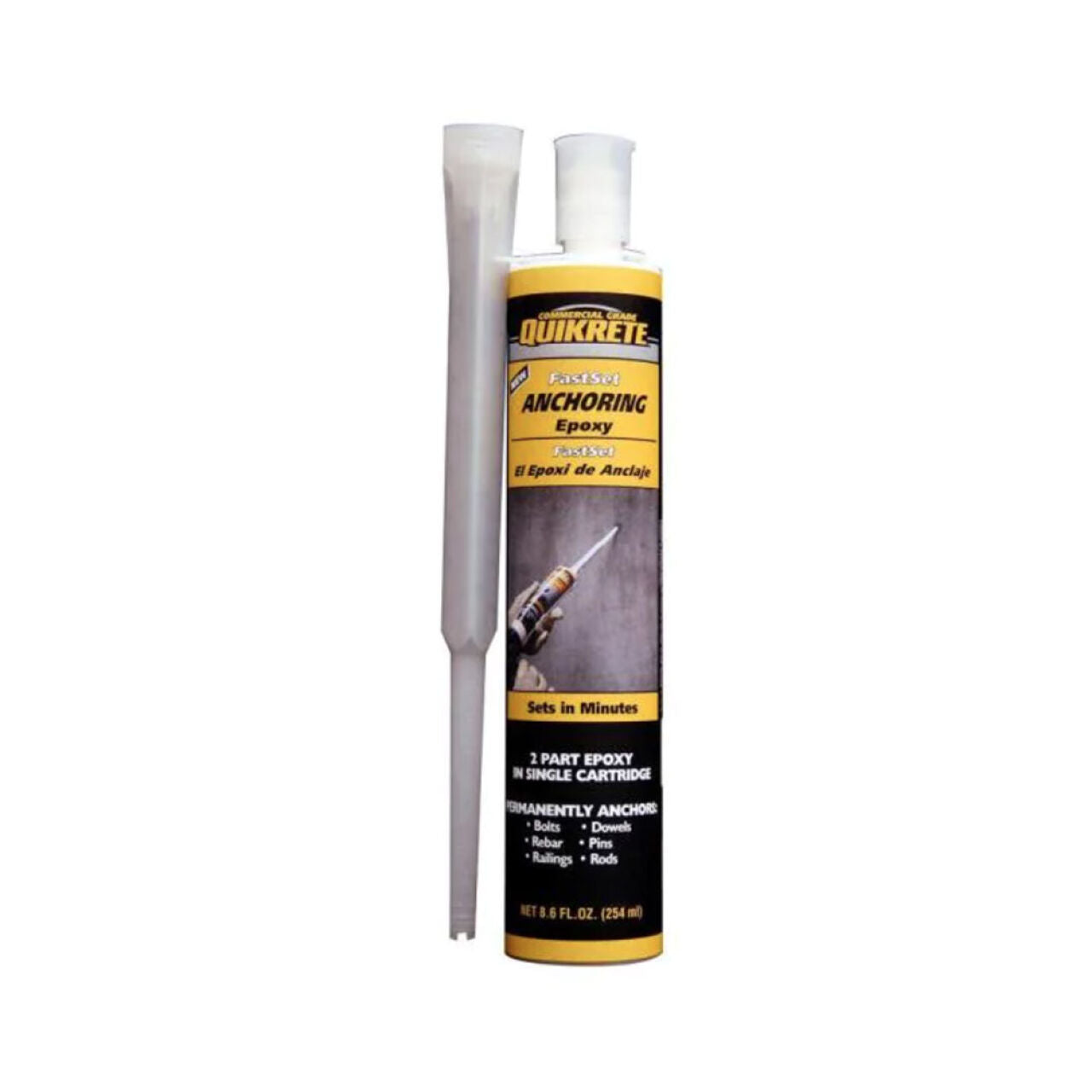 An 8.6 oz. tube of Go Build Fast-Setting Anchoring Epoxy with a dispensing nozzle, ideal for anchoring bolts in concrete or as masonry epoxy. The yellow and black label highlights detailed product info.